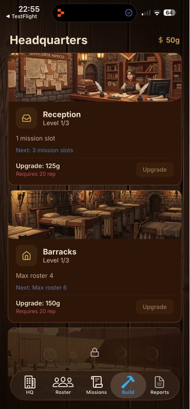 Mobile game UI showing fantasy headquarters with reception and barracks upgrade options.