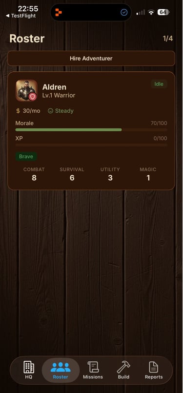 RPG character status screen showing a level 1 warrior adventurer with stats for combat and survival.