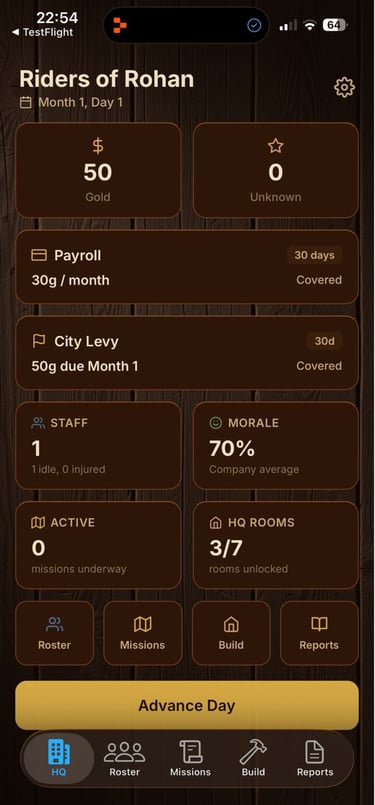 Fantasy RPG mobile game interface showing resource management, gold, morale, and staff stats.