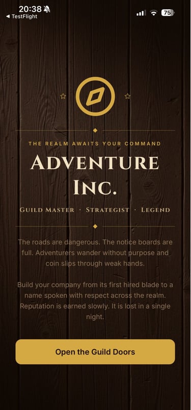 Adventure Inc. RPG app landing page featuring a wooden background and gold typography.
