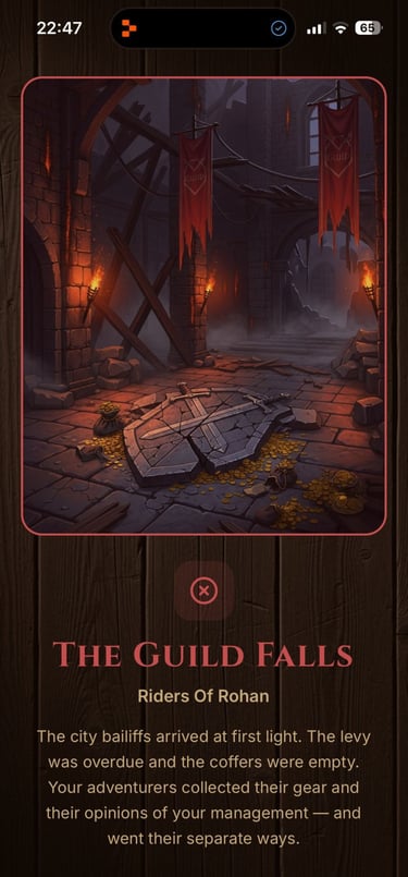 Fantasy game art of a ruined stone hall with gold coins and a broken sword on the floor.