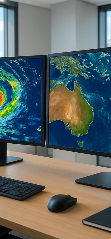 A professional meteorologist workstation in a modern New Caledonian office, showing large monitors with colorful satellite maps of the South Pacific, bright and airy atmosphere, high-end photography.