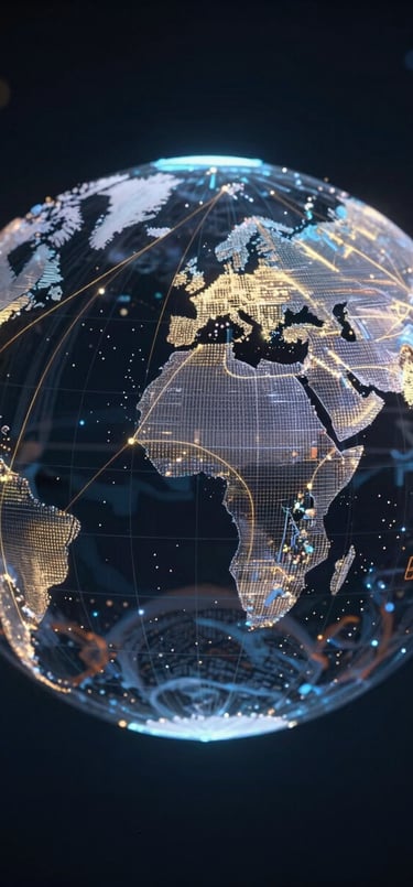 A digital representation of a holographic globe connecting major cities with golden lines. Cinematic lighting, deep space #0A0A1A aesthetic with #F7F9FA stars and #B8A066 data nodes.