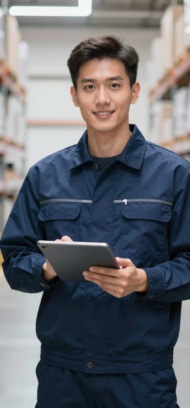 A professional logistics manager in a navy blue uniform holding a tablet in a bright, modern warehouse setting, high-key lighting, business professional mood.