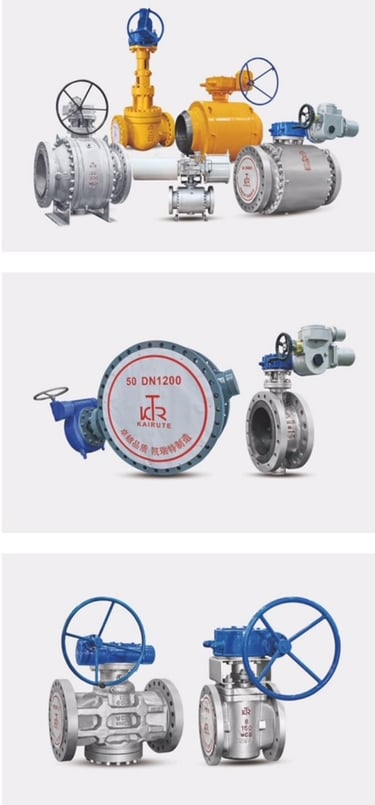 Various industrial Kairute valves including stainless steel ball, butterfly, and gate valves for flow control.
