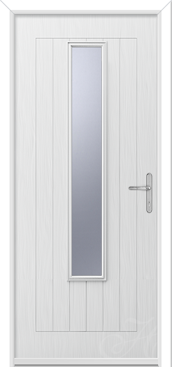 white front door with a long piece of glass
