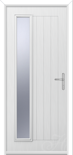 a white front door with a long piece of glass to the left