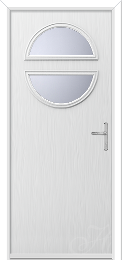 a white door with two half arches of glass