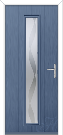 pigeon blue front door with a long glass panel and aurora glass