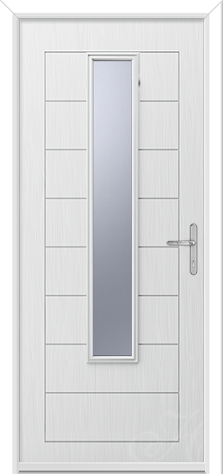 a white composite door with one long piece of glass