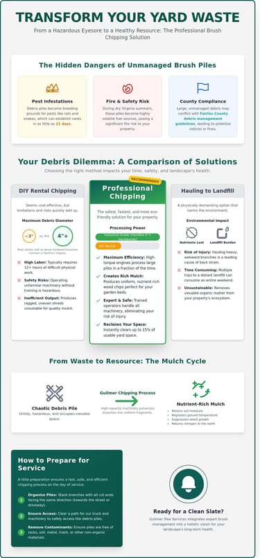 Infographic on professional brush chipping in Falls Church, VA showing how homeowners can reclaim their landscape.