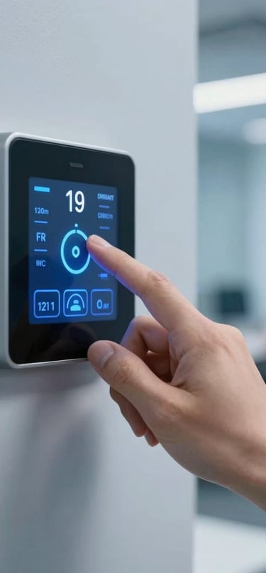 Close-up of a high-tech climate control interface on a wall, a hand adjusting the temperature, blurred professional office environment in the background, cool blue lighting, high expertise vibe.