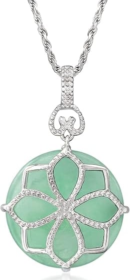 Green Jade Flower Pendant Necklace in Sterling Silver. Ross-Simons