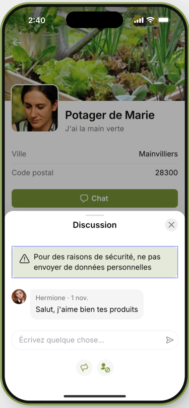 La page Messagerie de l'application mobile Potami