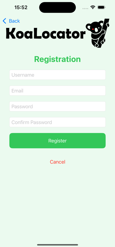Registration screen