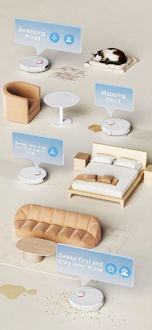 Robot doméstico limpiando todo tipo de suciedad en el hogar, sala, recámara y pelo de mascota