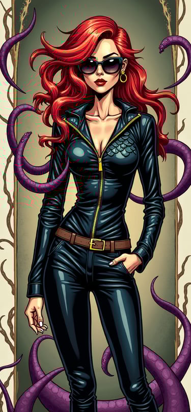 A vibrant red-haired woman in a sleek black leather jumpsuit and sunglasses, with purple tentacles framing her.