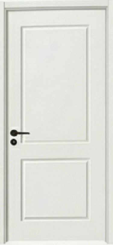 Classic white interior door with two cnc carve two panels and a modern black handle.