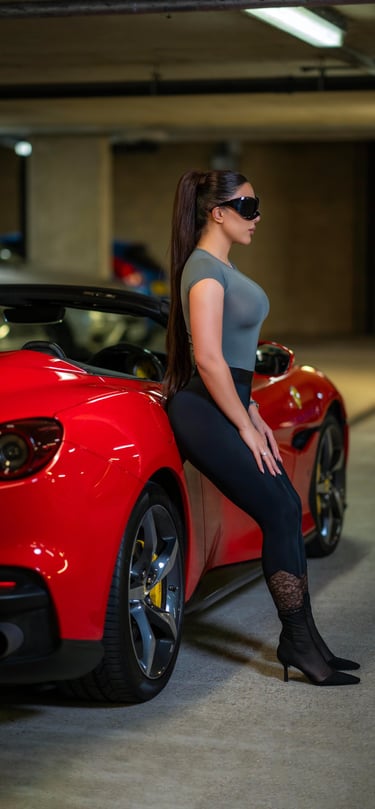 Model standing confidently by red Ferrari in sleek outfit, photographed by Fred Art Studio.
