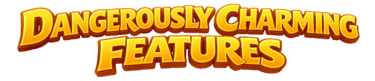 Dangerously Charming Features 3D golden cartoon style text logo on a black background.