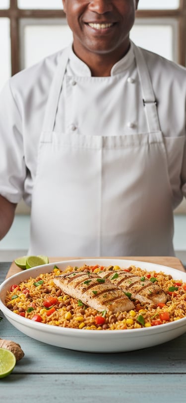 a chef in a white shirt and a bowl of food