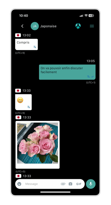 Phone mockup with Ohaio Chat translated discussion with pictures
