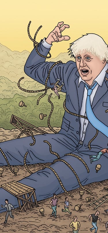 An illustration for ConHome website of Boris Johnson as Gulliver breaking free from the ropes..