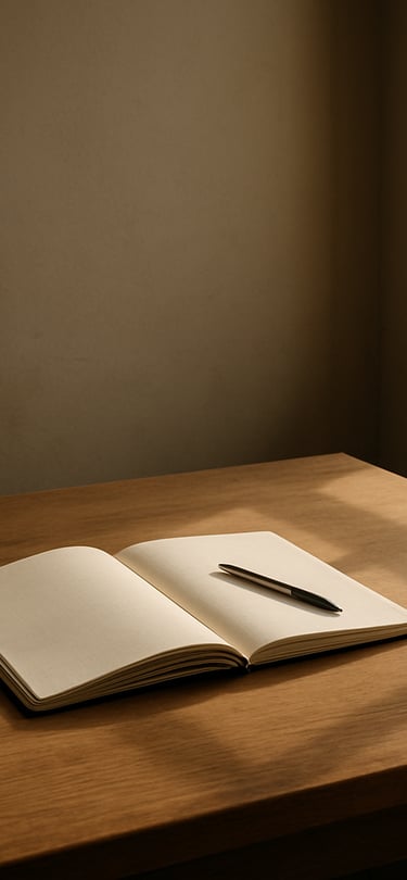 Wide environmental shot of a near-empty editorial workspace, a wooden desk with an open strategy notebook and a single pen, north-facing window light casting long shadows across paper grain, warm beige tones, no people