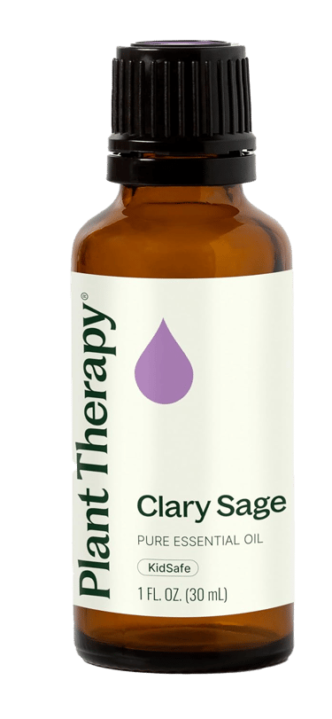 Plant Therapy Clary Sage essential oil in a 1 oz amber bottle, marked KidSafe.