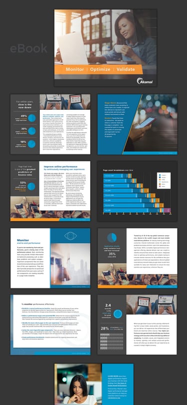Digital performance ebook  Akamai featuring charts on page load time, bounce rates, and user experience optimization.
