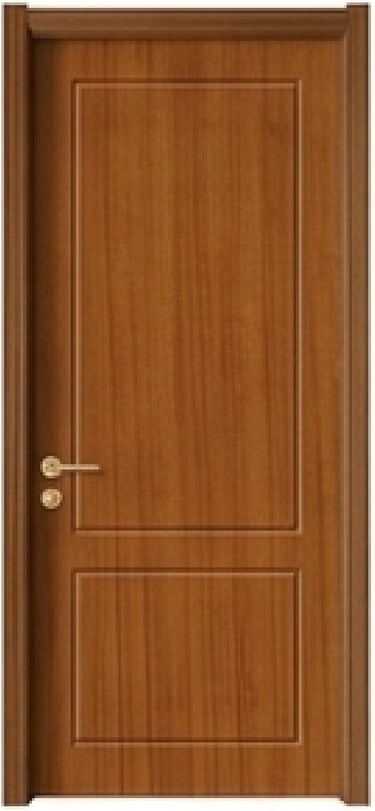 Elegant mahogany wood grain interior door with a brass handle and cnc carve design.