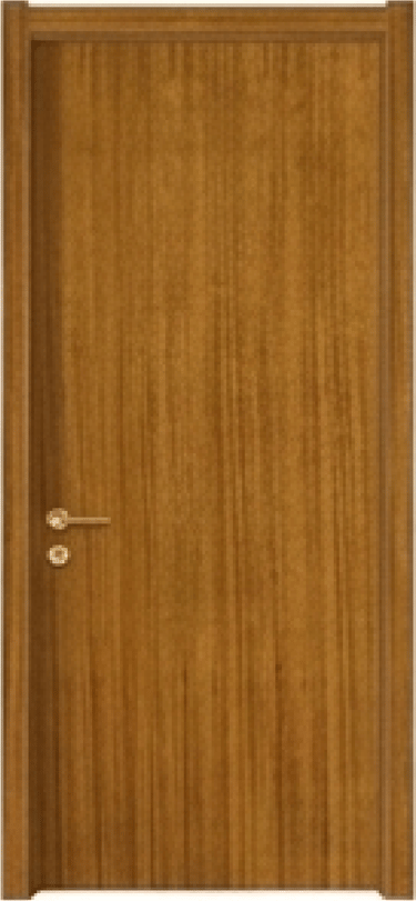 Modern interior flush wood door with vertical teak grain finish and a brass lever handle.