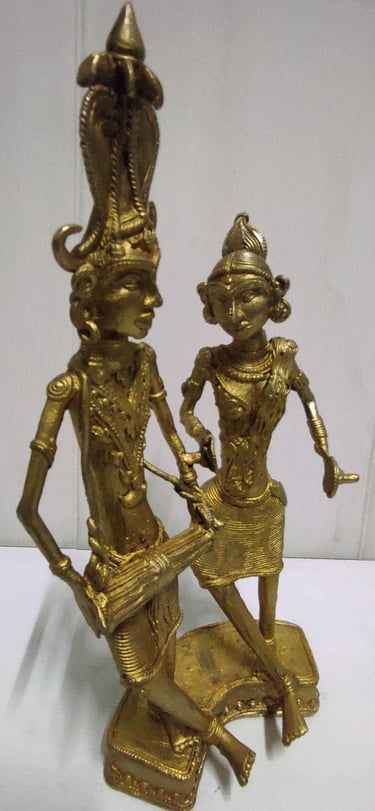"Handcrafted brass tribal dancers with instruments – male and female figures in Bastar folk style-for global markets"