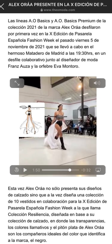 Artículo de Alex Oráa en su presentación en pasarela Española (TM Magazine España)