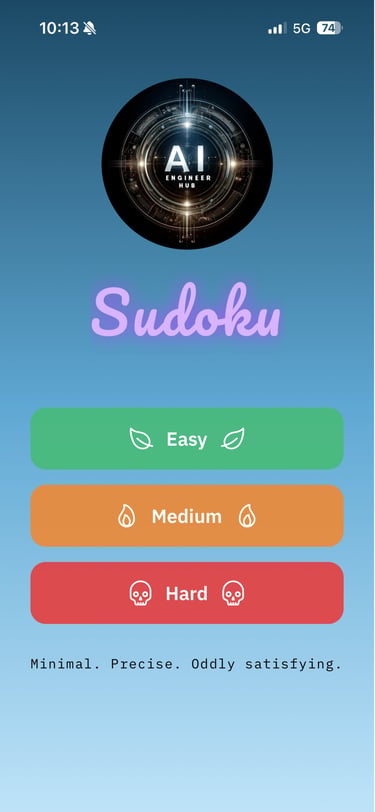Sudoku mobile game menu with difficulty levels Easy, Medium, and Hard on a blue gradient background.