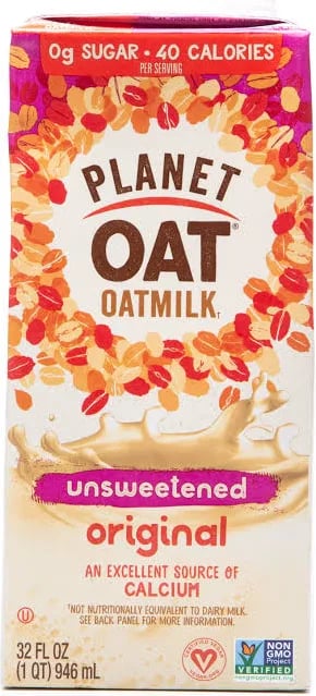 Planet Oat unsweetened original oatmilk carton featuring 40 calories and zero grams of sugar.