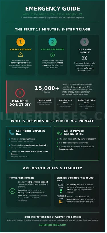 Infographic on fallen tree removal in Arlington, VA with steps from a homeowner’s complete action guide.