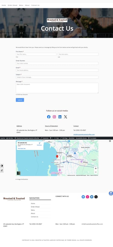 Contact webpage with a form, address details, map, and social media links for Roasted & Toasted.