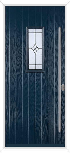 a blue composite front door with rectangular glass panel and leaded glazing