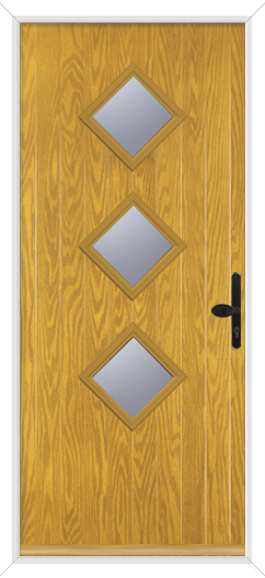 oak composite door with three diamond glass squares and black handle