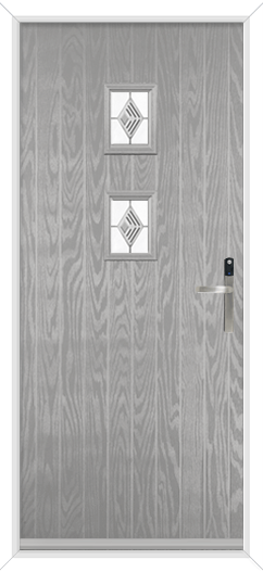 silver grey composite door with 2 glass panels of fusion glass.  It has a Yale conexis digital lock 