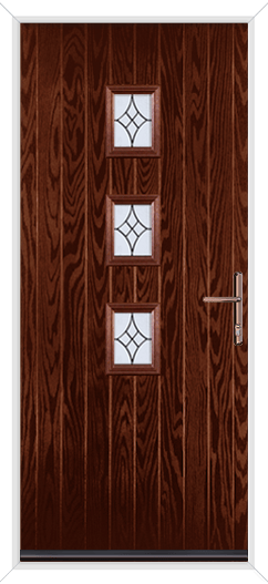 rosewood composite door with rose gold hardware.  the door has three small glass panels in the centre and is cottage style