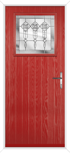 Red composite door with square glass panel and rose glazing.  It has a graphite handle