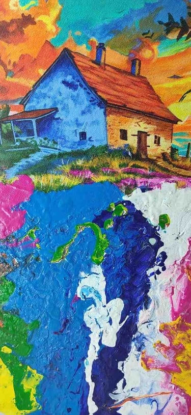 "Colorful round wall art showing nature, birds in sky, and peaceful home-Export-ready"