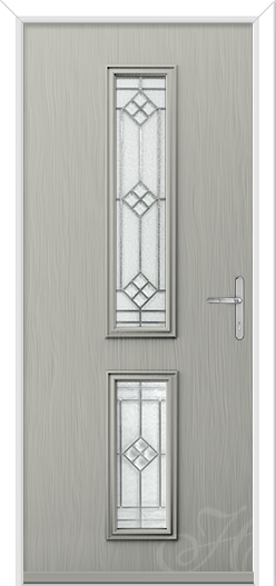 Agate Grey composite front door with 2 glass panels and stained glass. Chrome hardware