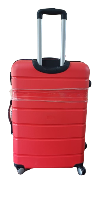 a red fiber suitcase trolley with black handle 