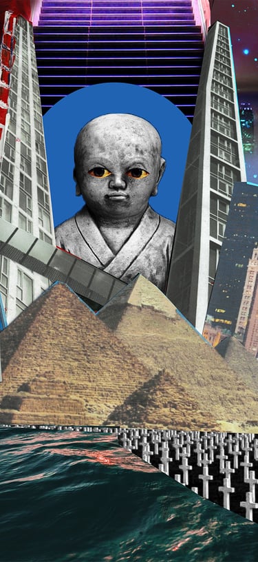a collage of a man with a pyramid shaped object