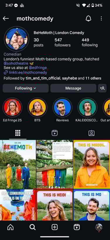 Screenshot of BeHeMoth Comedy Instagram Page after a Instagram audit by Laura Franklin