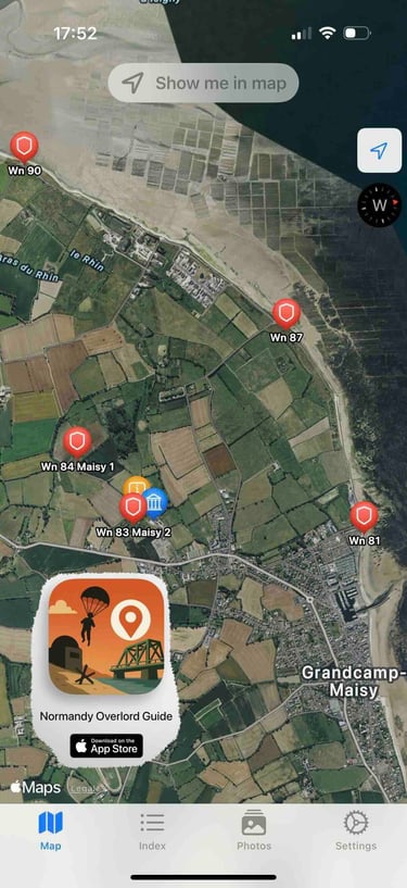 Maisy Battery area with geolocations of strongpoints Wn 84, Wn 83, Maisy Battery Museum, Wn 81, Wn 87 and Wn 90