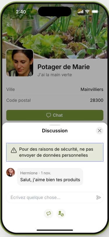 La page Messagerie de l'application mobile Potami